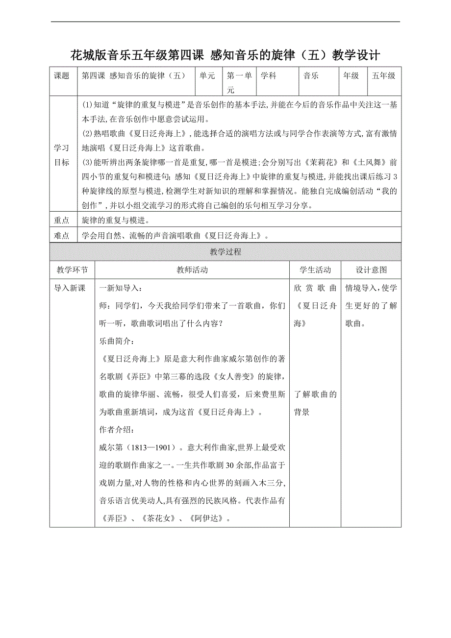 花城版小学音乐五年级下册第四课-感知音乐的旋律(五)(教案)_第1页