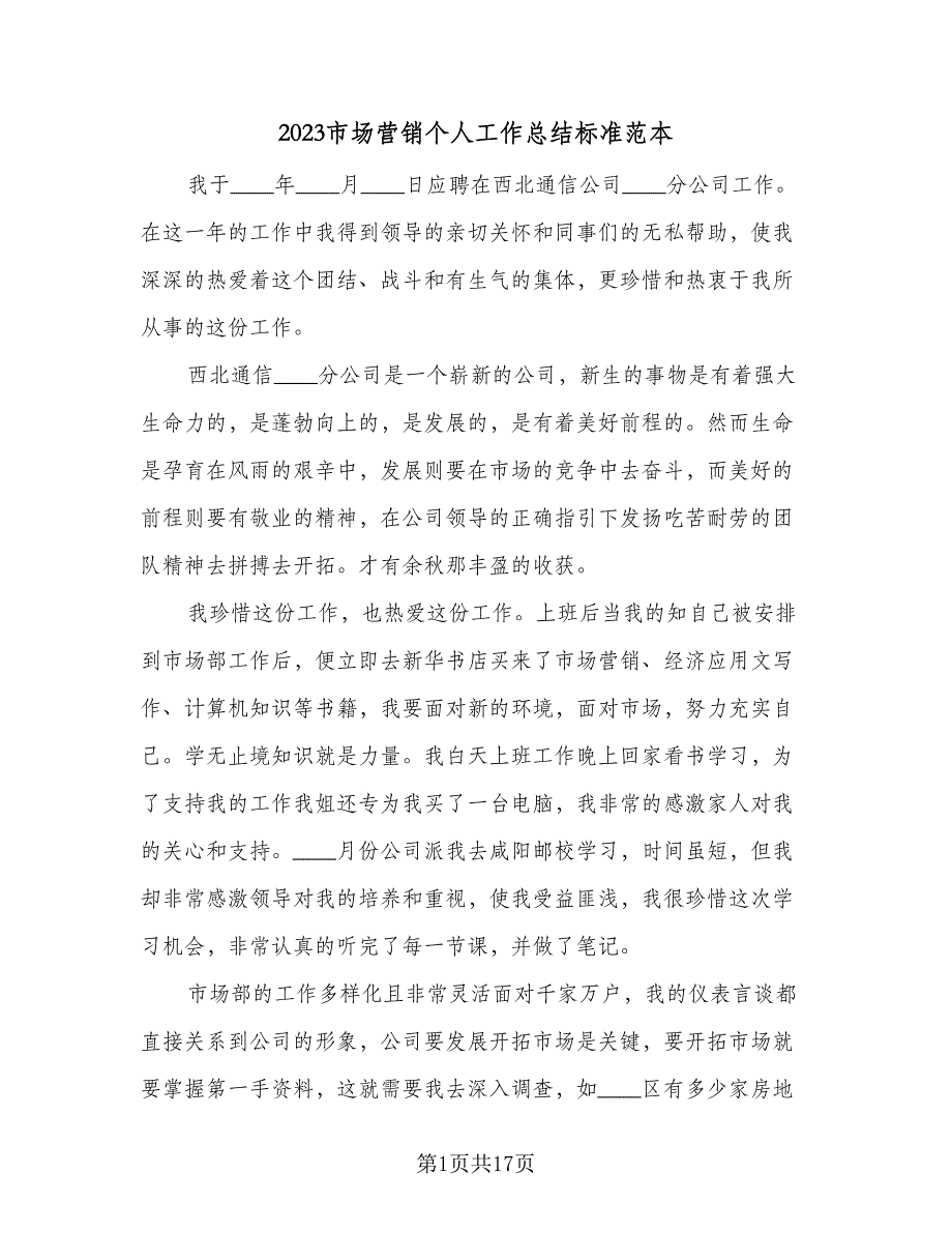 2023市场营销个人工作总结标准范本（5篇）_第1页