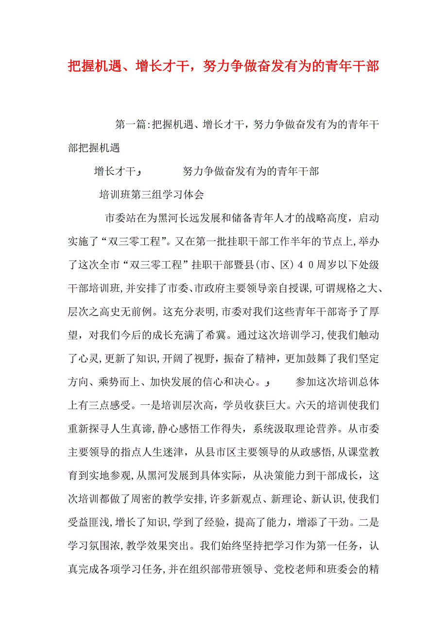 把握机遇增长才干努力争做奋发有为的青年干部_第1页