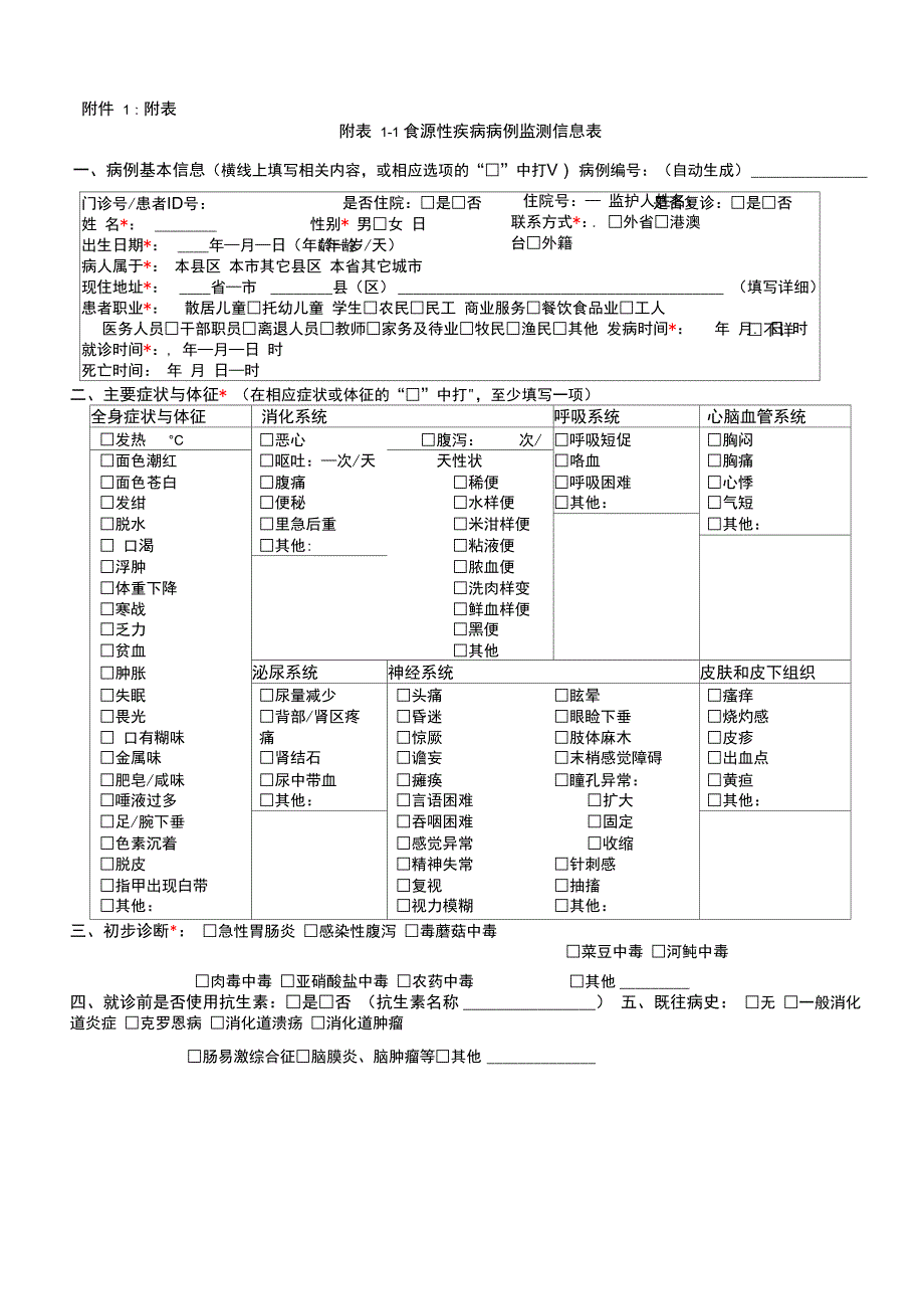 食源性疾病监测表疑似食源性异常病例报告卡_第1页