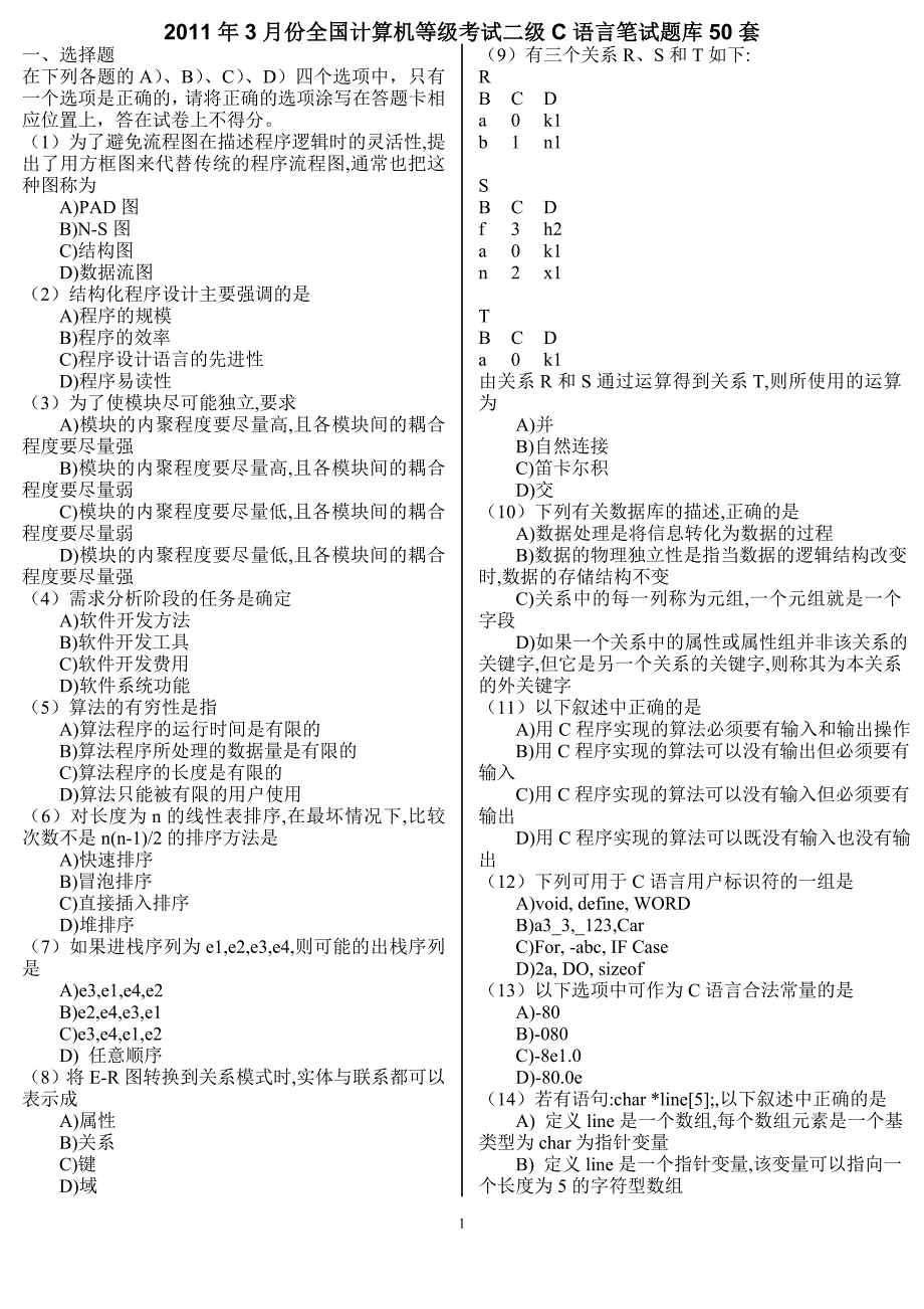 2011年9月计算机二级C语言笔试题库50套,答案解析详细_第1页
