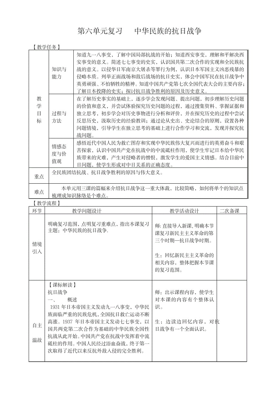 2019秋八年级历史上册期末复习第六单元中华民族的抗日战争复习教案-新人教版名师版_第1页