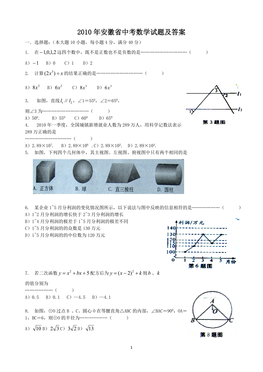 2010年安徽数学中考试卷卷及答案_第1页