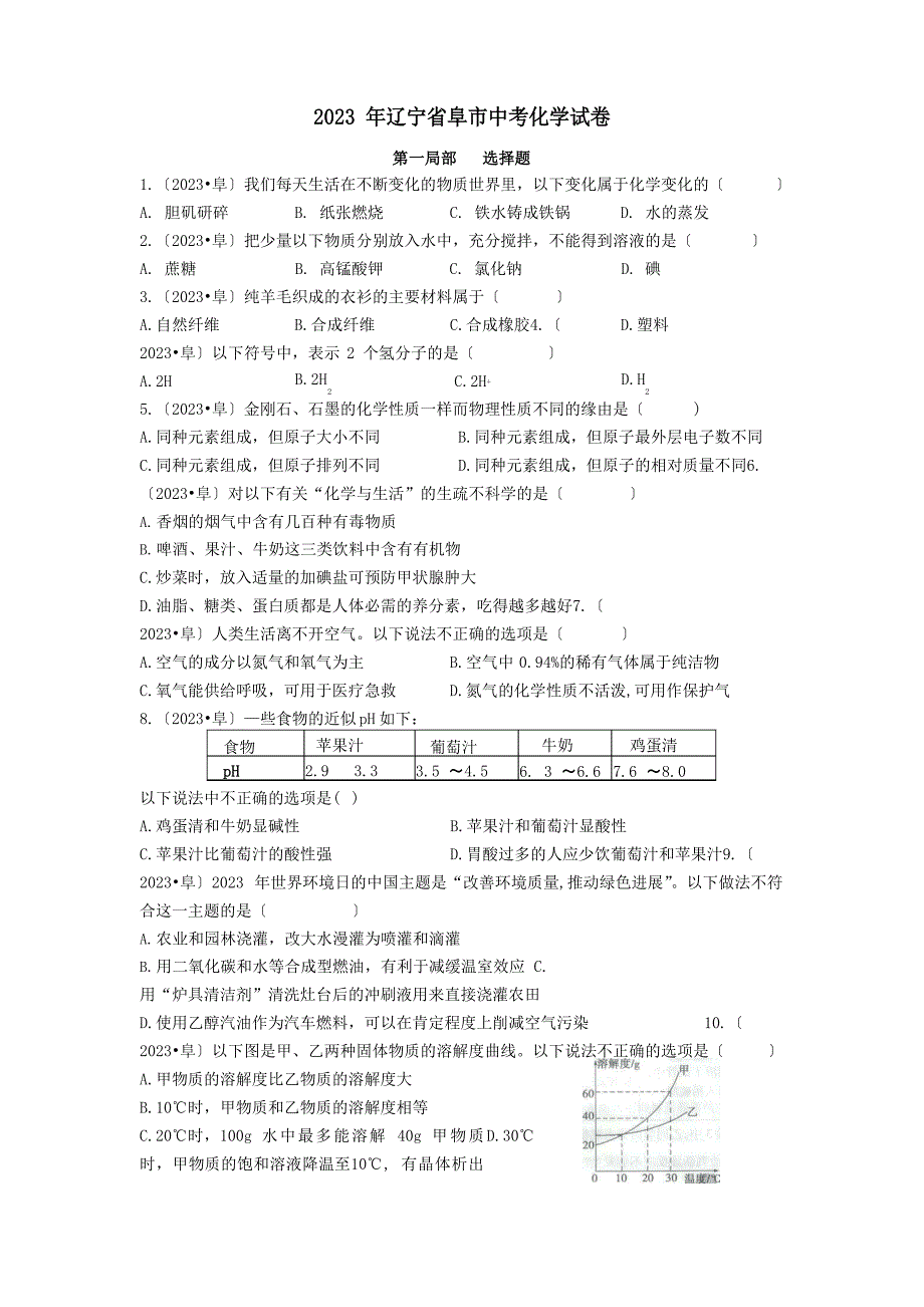 2023年阜新市中考化学真题_第1页