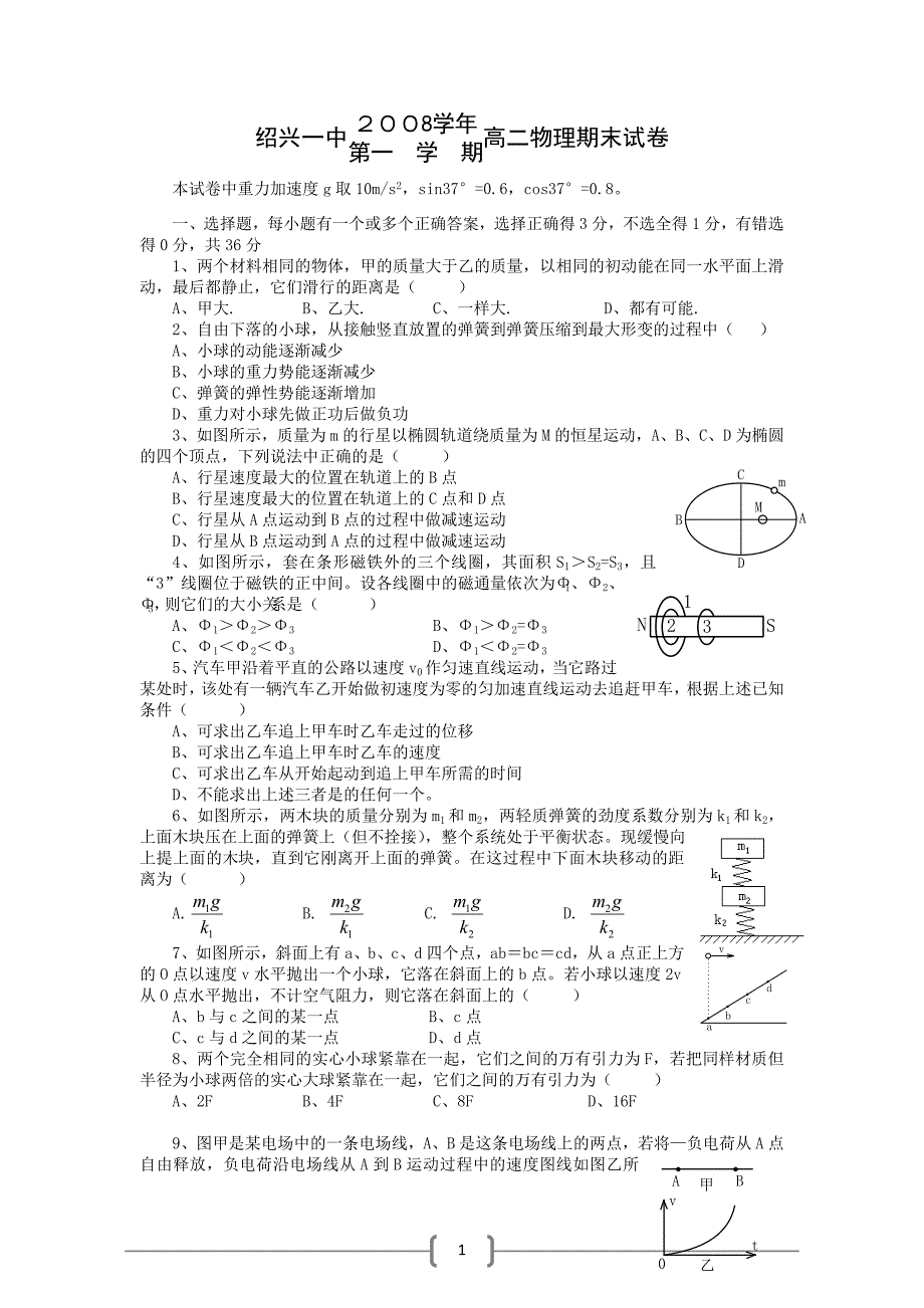 浙江省绍兴一中高二上学期物理期末试卷含答案_第1页